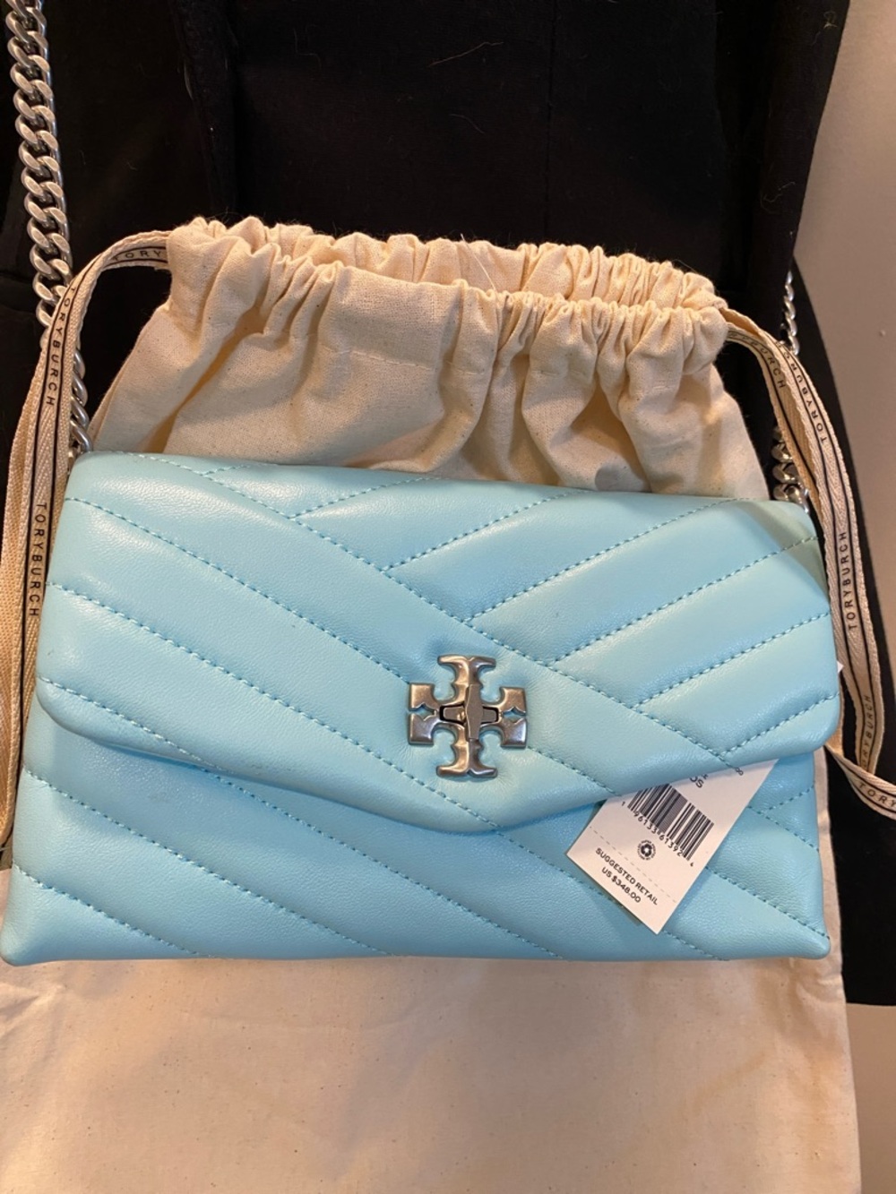 NWT Tory Burch Kira Chevron Chain Wallet – Light Celeste (400) w/ Dust Bag